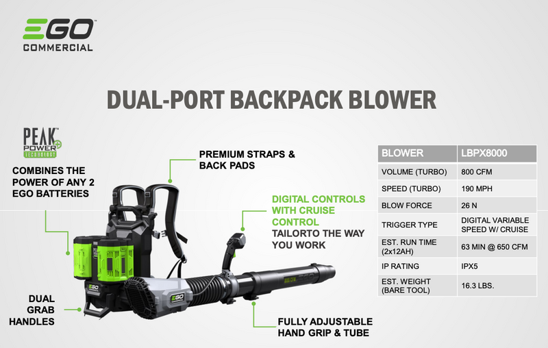 EGO LBPX8000 Commercial Dual-Port 800CFM Backpack Leaf Blower - Tool Only